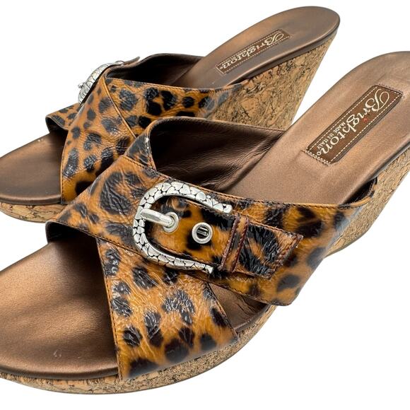 Brighton Summer Leopard Patent Leather Classic Buckle Cork Wedge Sandals - Picture 7 of 11